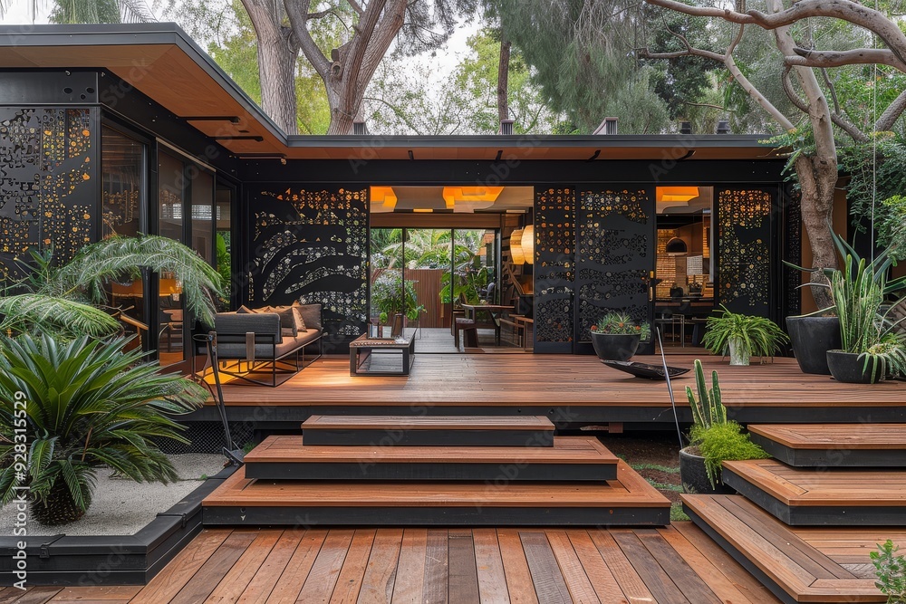 Modern outdoor patio with black and white art deco panels, wood flooring, and steps leading to a covered seating area, surrounded by trees and plants, in front of a small house in Los Angeles. Modern outdoor patio with black and white art deco panels, wood flooring, and steps leading to a covered seating area, surrounded by trees and plants, in front of a small house in Los Angeles.