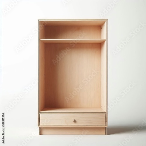 Empty wooden cabinet with open shelves for book and home storage photo