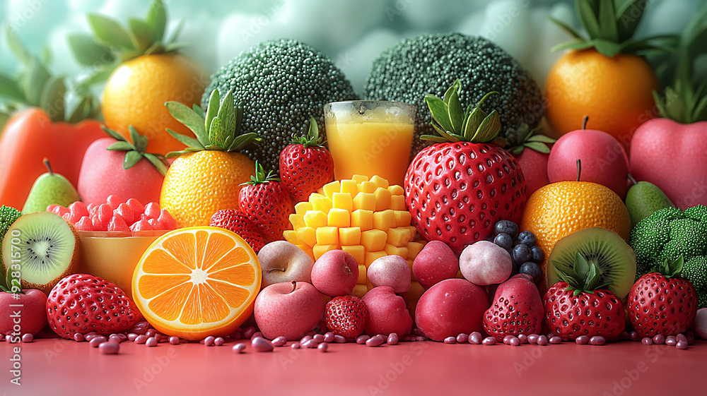 Illustrations for World Food Day featuring meals, fruits, and vegetables in 3D cartoon style on isolated background. Illustrations for World Food Day featuring meals, fruits, and vegetables in 3D cartoon style on isolated background.