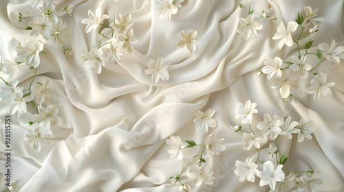 Delicate white flowers scattered on a smooth, white fabric background.