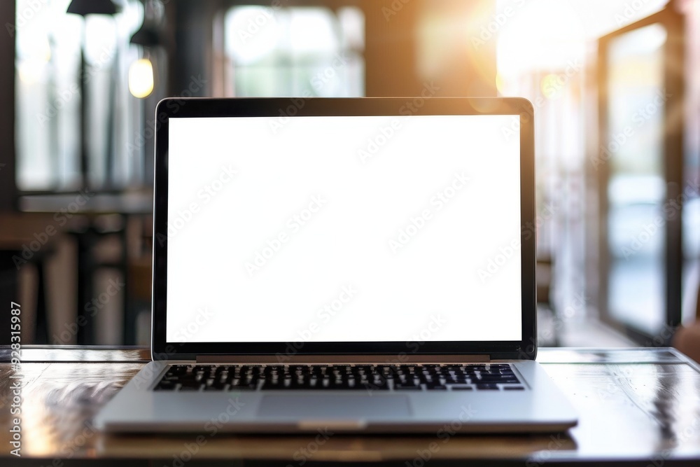Blank laptop computer mockup and accessories on a white desk in a modern office Blank laptop computer mockup and accessories on a white desk in a modern office