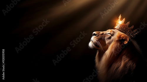 lion wearing golden crown and looking up into beam of light on black background with copy space
