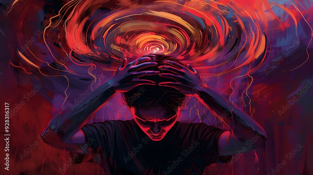 Obraz premium Expressive illustration of a person in pain from a headache with swirling tension