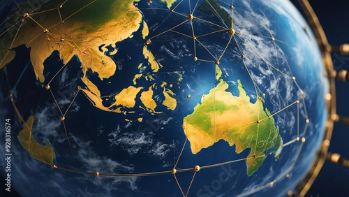Digital globe centered on South East Asia, concept of global network and connectivity on Earth, data transfer and cyber technology, information exchange and international telecommunication