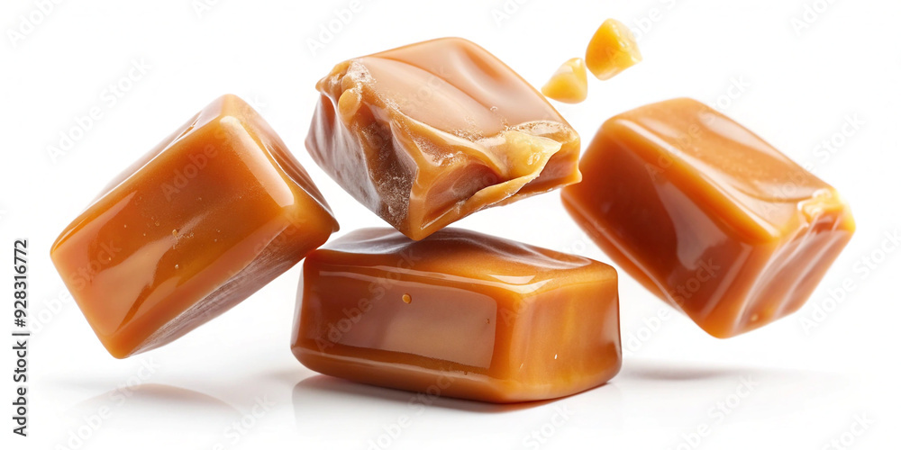 Falling caramel candy isolated on white background Falling caramel candy isolated on white background