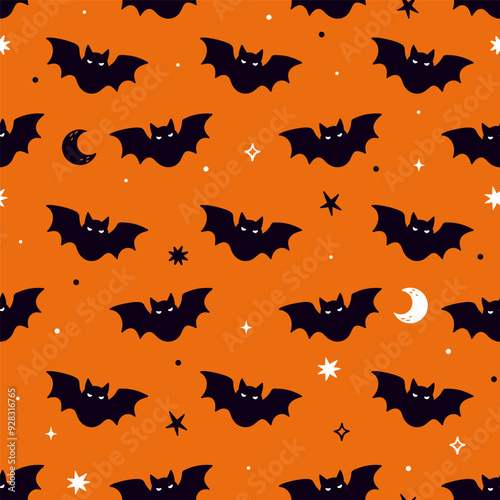 Seamless pattern with bats on an orange background. Vector graphics.