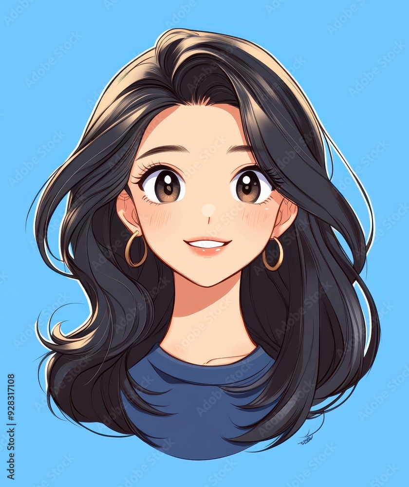 A cheerful cartoon girl with a blend of dark white and light brown tones, set against a serene blue backdrop.