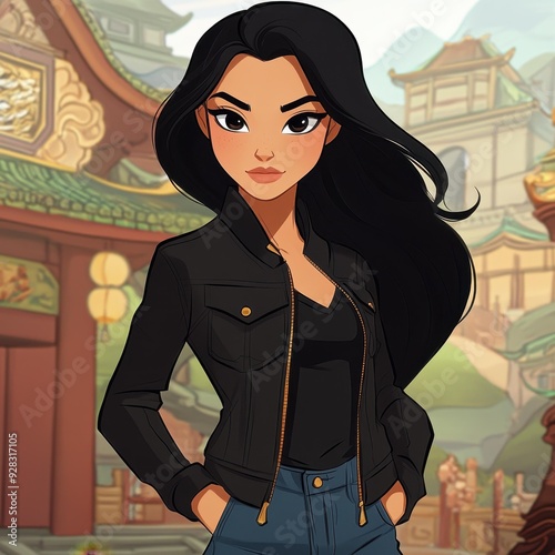 A striking cartoon of a stylish actress in a black jacket and jeans, uniquely blending nautical and Asian themes. photo