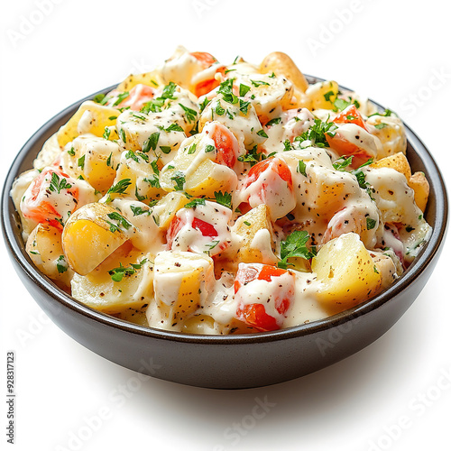 potato salad with mayo and vinaigrette dressing isolated on transparent background, side view