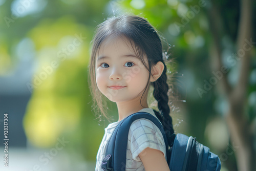 Asian young girl with a backpack on her back is smiling. Concept of innocence and happiness, as the girl appears to be enjoying her time outdoors