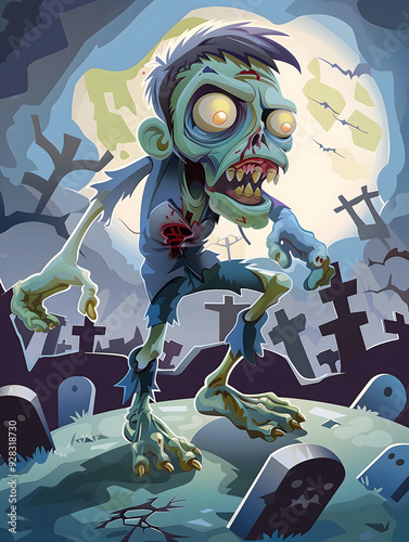 Caricatura de un zombi en un cementerio bajo la luz de la luna