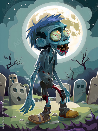 Caricatura de un zombi en un cementerio bajo la luz de la luna