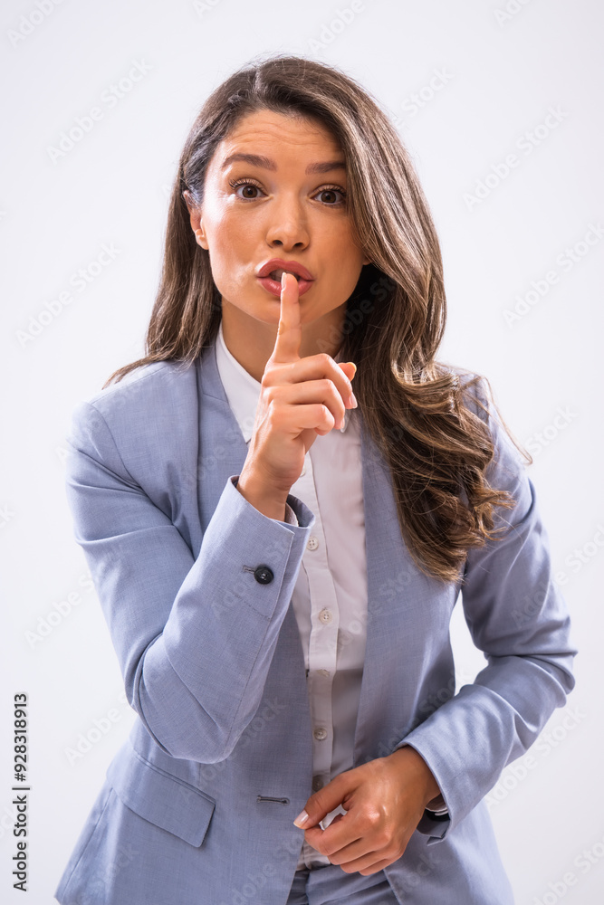 Portrait of businesswoman who wants silence. Portrait of businesswoman who wants silence.
