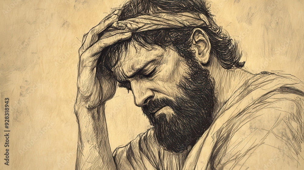 Fototapeta premium Biblical Illustration of Jehoram Reflecting on His Life and Choices in 2 Chronicles, Weak and Suffering, Realizing Too Late the Cost of His Actions, Beige Background