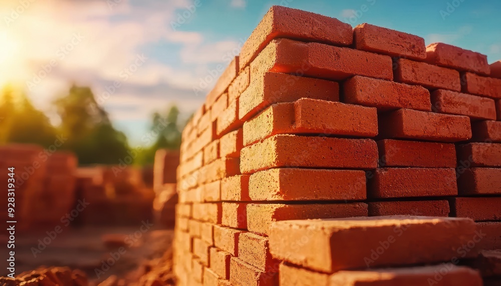 Fototapeta premium Close-up of a brick wall under construction with sunlight in the background.
