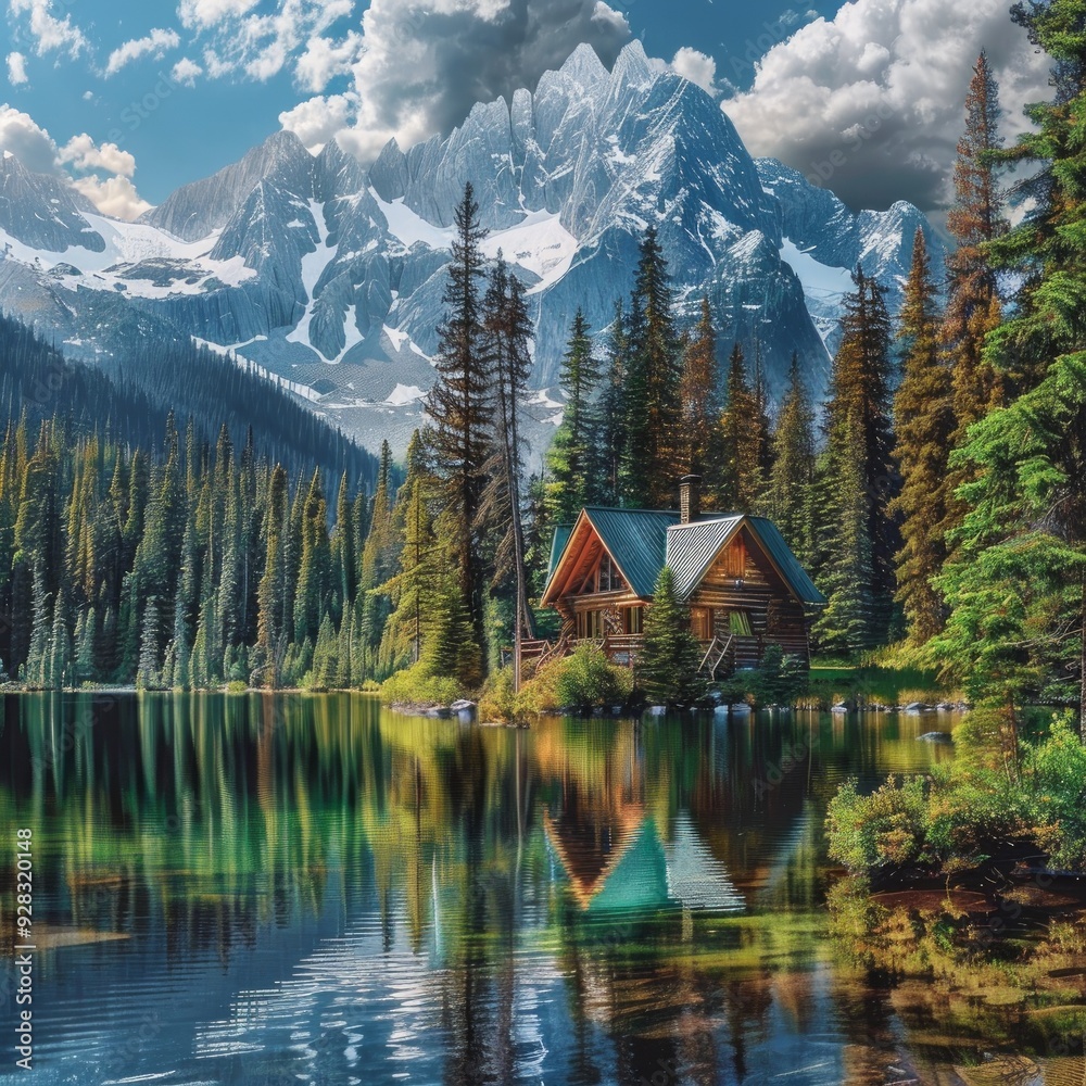 Serene Mountain Lake Cabin Amidst Lush Forest and Majestic Peaks ...