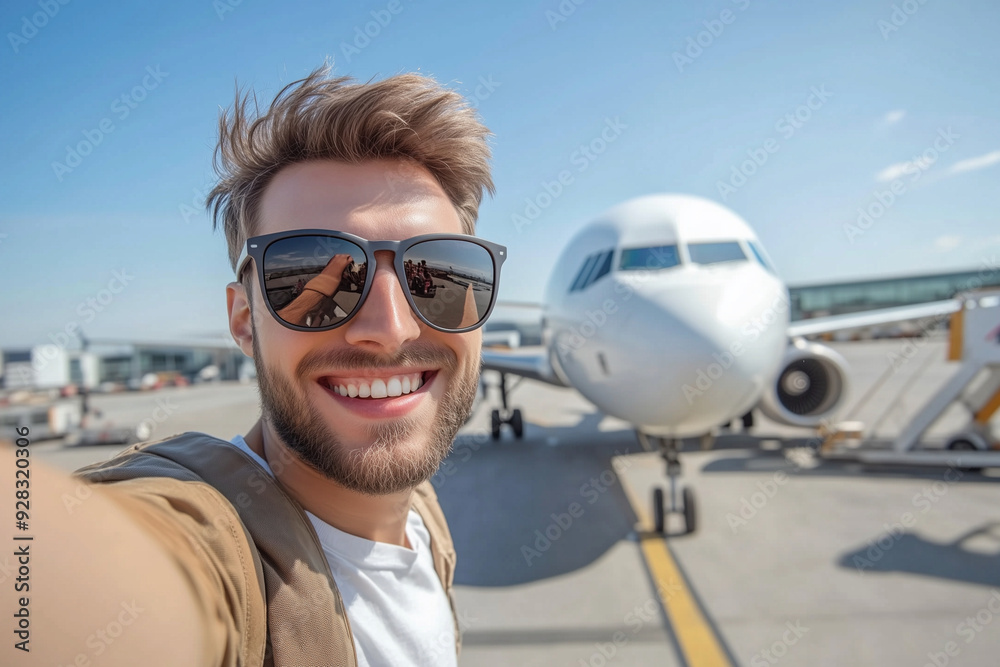man with sunglasses on a sunny day is taking a selfie in front of an airplane. Concept of adventure and excitement, as the man is about to embark on a journey man with sunglasses on a sunny day is taking a selfie in front of an airplane. Concept of adventure and excitement, as the man is about to embark on a journey