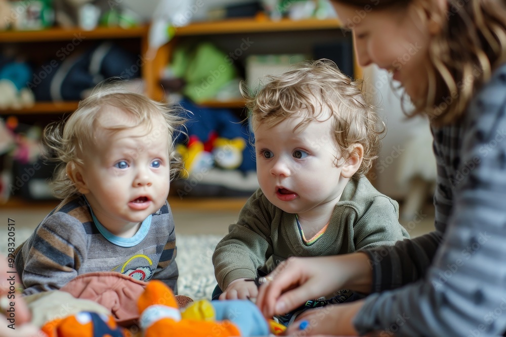 Two little boys playing with nanny at home, Generative AI Two little boys playing with nanny at home, Generative AI