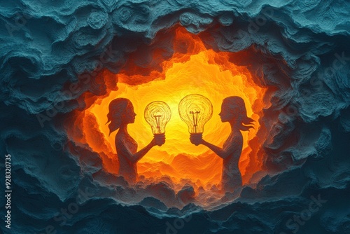 Paper Cut Design of People Exchanging Lightbulbs for Idea Sharing