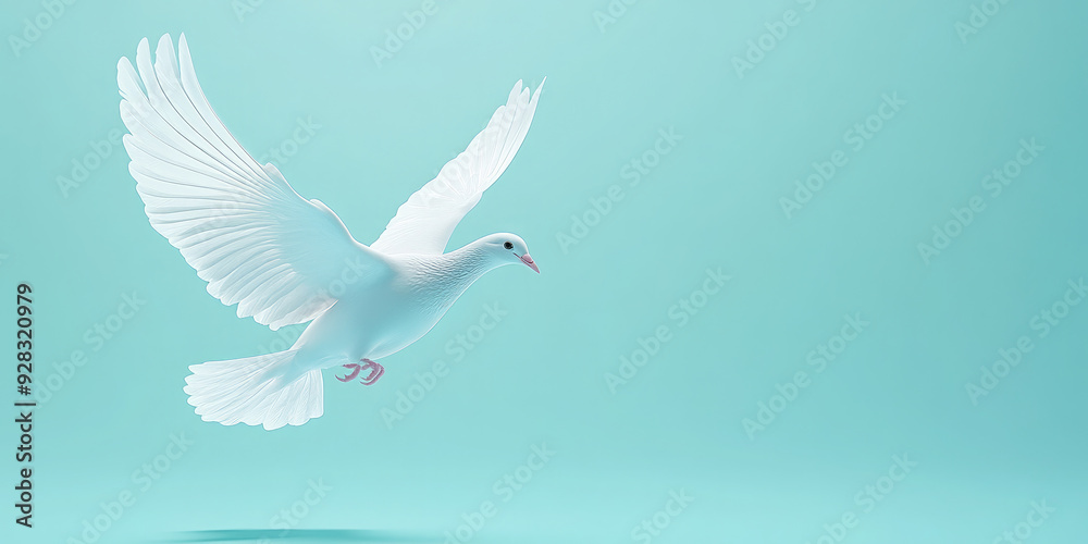 White dove flies gracefully in a peaceful blue sky, symbolizing hope and peace.International Day of Peace. Banner. Copy space White dove flies gracefully in a peaceful blue sky, symbolizing hope and peace.International Day of Peace. Banner. Copy space