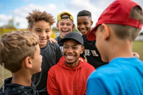 Group of happy boys making sports huddle. Smiling kids standing together with coach on grass sports field. Boys talking with coach before the football, Generative AI