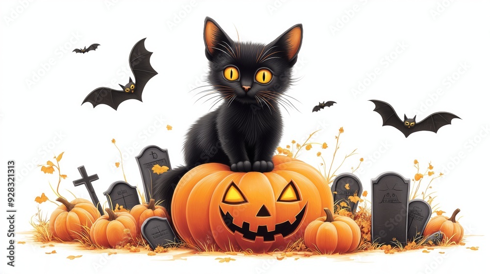 Halloween background. Halloween card. Illustration of a black cat sitting on a pumpkin in a cemetery. Halloween background. Halloween card. Illustration of a black cat sitting on a pumpkin in a cemetery.