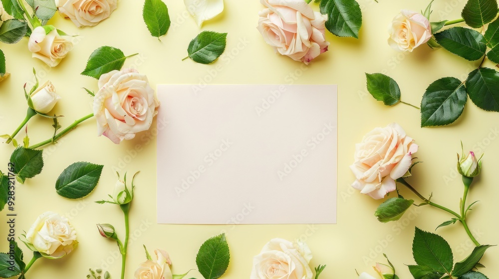 Blank white paper and frame made of roses flowers and green leaves on pastel yellow background. Top view, tender minimal flat lay style composition. Creative layout, flower arrangement concept