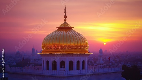 Photography Majestic golden dome of a Sikh gurdwara shining brightly at sunset, reflecting t