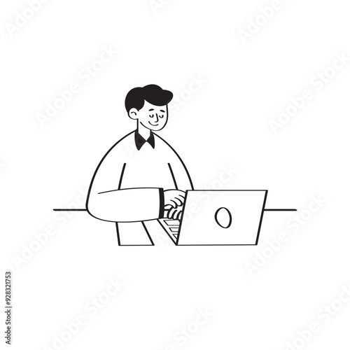 Work From Home Line Illustration 2 Man Working at Desk 2