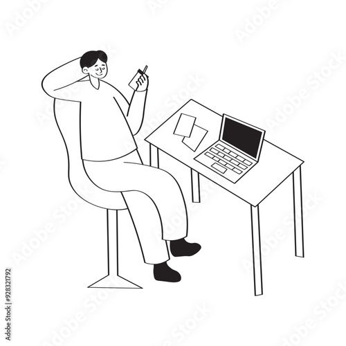 Work From Home Line Illustration 2 man Work While Drinking Coffee