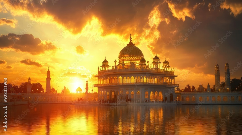Obraz premium Majestic view of a sacred Sikh gurdwara with a golden dome against a sunset sky, symbolizing divine light and eternal peace