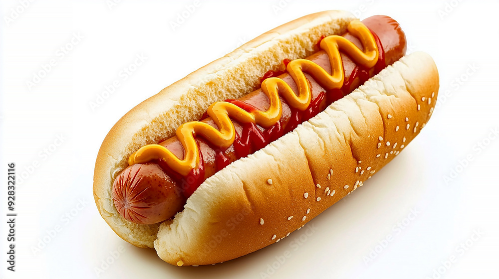 hot dog with a juicy sausage in a soft bun, topped with mustard and ketchup, isolated on a white background hot dog with a juicy sausage in a soft bun, topped with mustard and ketchup, isolated on a white background