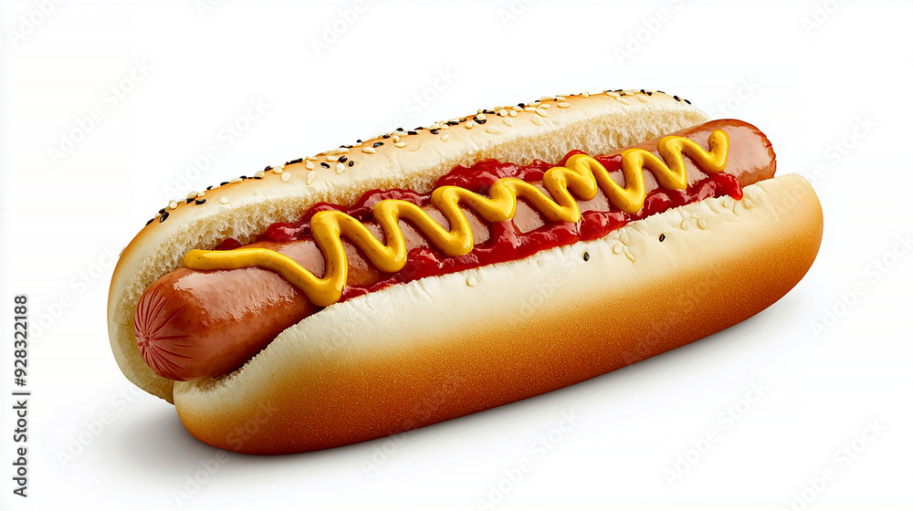 hot dog with a juicy sausage in a soft bun, topped with mustard and ketchup, isolated on a white background hot dog with a juicy sausage in a soft bun, topped with mustard and ketchup, isolated on a white background
