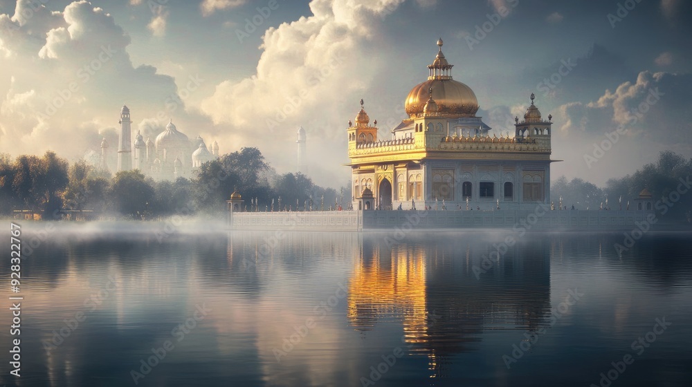Fototapeta premium Peaceful scene of a Sikh gurdwara with its golden dome reflecting in still waters, symbolizing purity and spiritual tranquility