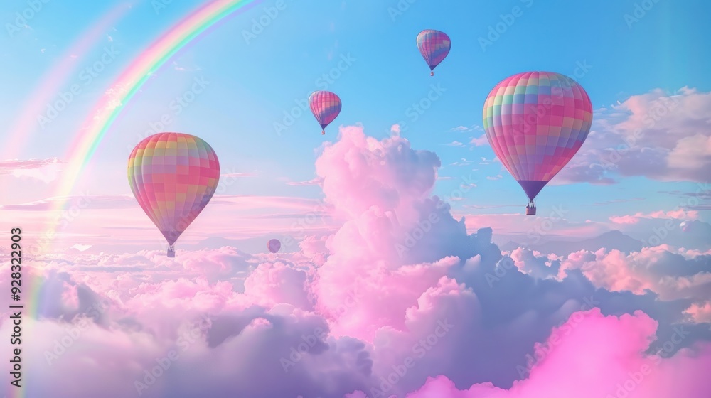 Obraz premium f Bright balloons and vivid rainbows on a blue sky with pink clouds, Colorful hot air balloons above the clouds, Hot air balloons in the sky with rainbow and clouds, fantasy background