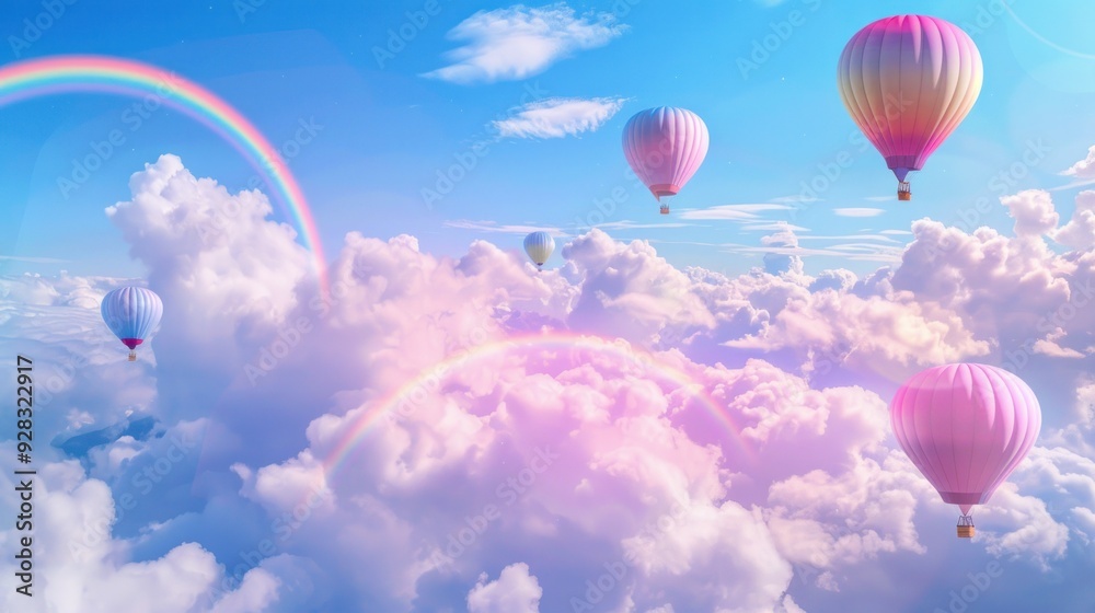 Fototapeta premium f Bright balloons and vivid rainbows on a blue sky with pink clouds, Colorful hot air balloons above the clouds, Hot air balloons in the sky with rainbow and clouds, fantasy background