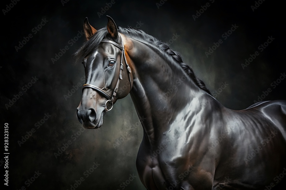 Obraz premium Majestic Horse Standing Against a Dramatic Black Background for a Powerful Visual. Horse. Black. Background. Dramatic. Majestic