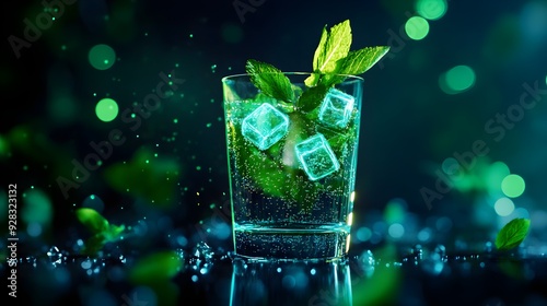 A futuristic holographic representation of a cucumber mint cooler, with digital ice cubes and mint leaves, neon green and blue lights, sleek and modern. photo