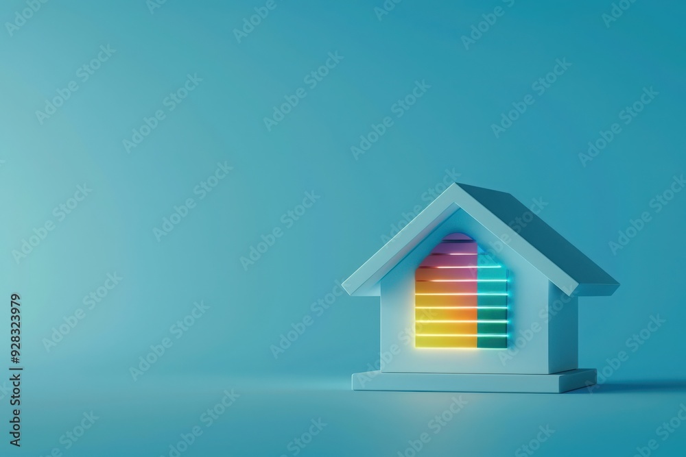 A vibrant energy efficiency rating chart glows through a mini house model, symbolizing sustainability and eco-friendly living. A vibrant energy efficiency rating chart glows through a mini house model, symbolizing sustainability and eco-friendly living.