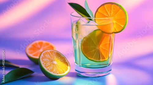 Aesthetic iced green tea with lime and orange slices, vaporwave style, neon colors, glowing effects, surreal ambiance, digital art. photo