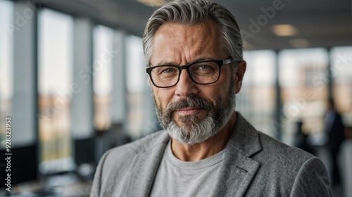 Bellissimo uomo d'affari di 50 anni con occhiali, capelli e barba brizzolati in un moderno ufficio con vestito elegante