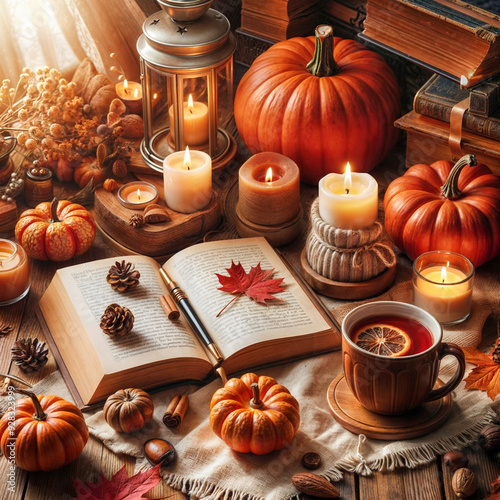 Autumn Ambiance with Pumpkins, Book, and Warm Candles