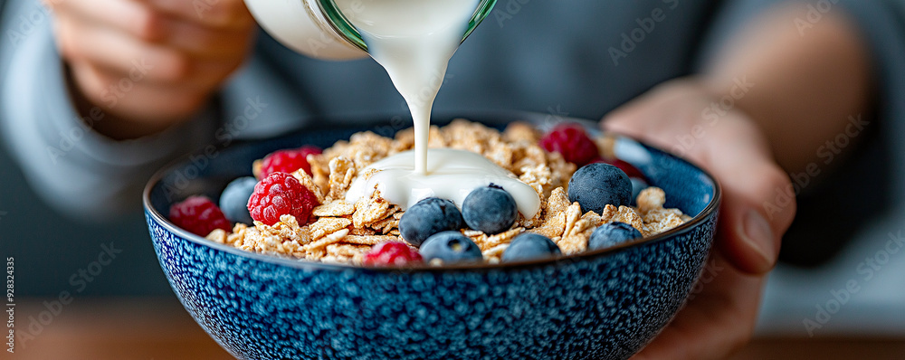 Fototapeta premium Pouring Milk on Cereal for Breakfast.