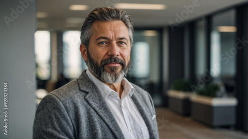 Bellissimo uomo d'affari di 50 anni con capelli e barba brizzolati in un moderno ufficio con vestito elegante photo