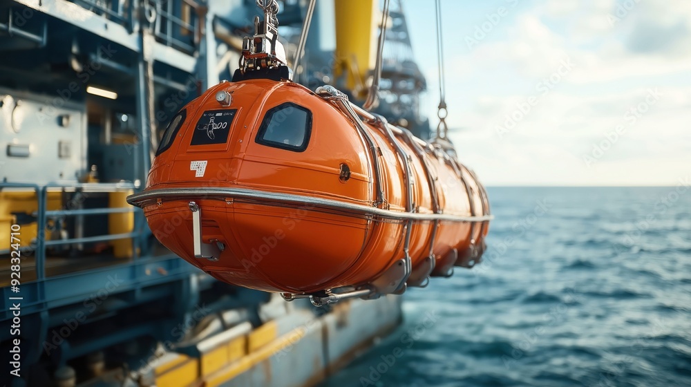 A bright orange lifesaving escape capsule hanging on the side of an offshore drilling rig over the ocean, ready for emergency deployment. A bright orange lifesaving escape capsule hanging on the side of an offshore drilling rig over the ocean, ready for emergency deployment.