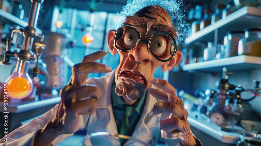 Cartoon character of a crazy scientist in a science lab. Using AI to create new applications Cartoon character of a crazy scientist in a science lab. Using AI to create new applications