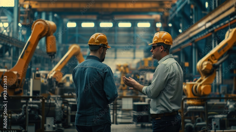 Chief engineer and project manager in modern industrial factory with robot arms talking and planning optimization of production
