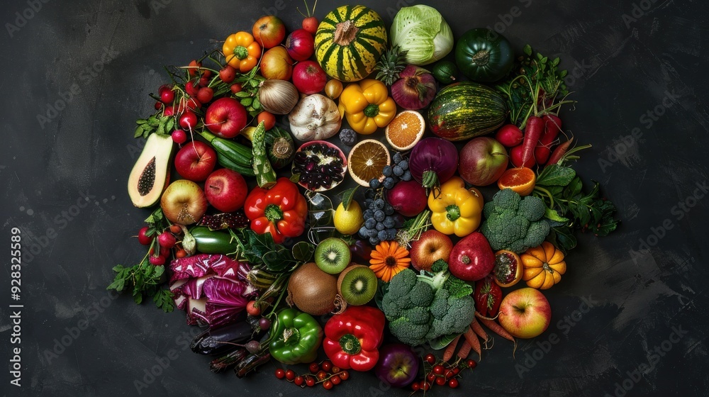 Circle of Fresh and Colorful Fruits and Vegetables. A vibrant assortment of various fruits and vegetables arranged in a captivating circle Circle of Fresh and Colorful Fruits and Vegetables. A vibrant assortment of various fruits and vegetables arranged in a captivating circle