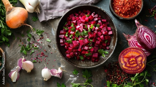 chopped vegetables for beetroot soup preparation