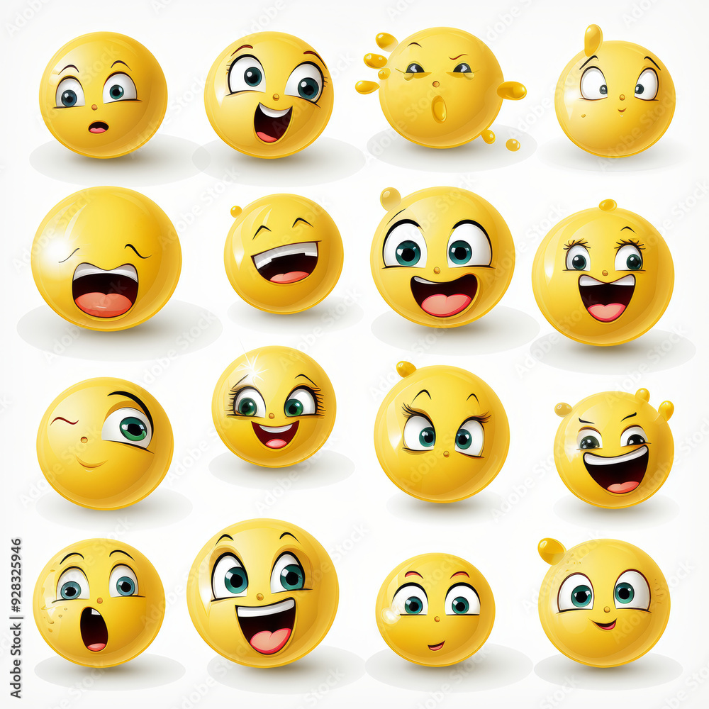 Obraz premium Set of sixteen isolated vector cartoon yellow face emoji with a wide variety of funny and expressive facial emotions, for digital communication and design projects